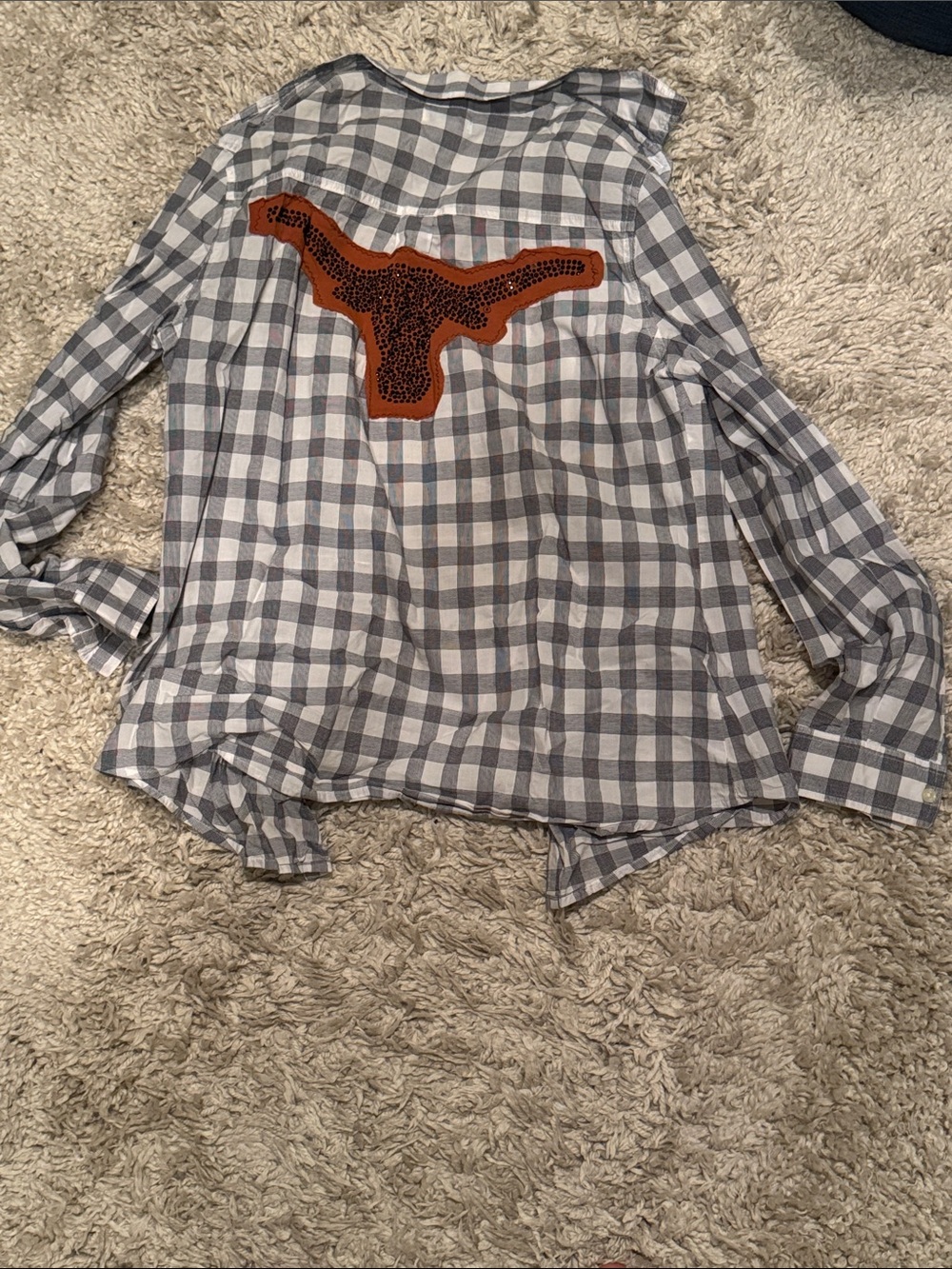 Black and White Plaid Button-Up Top with Orange Longhorn Patch old navy M